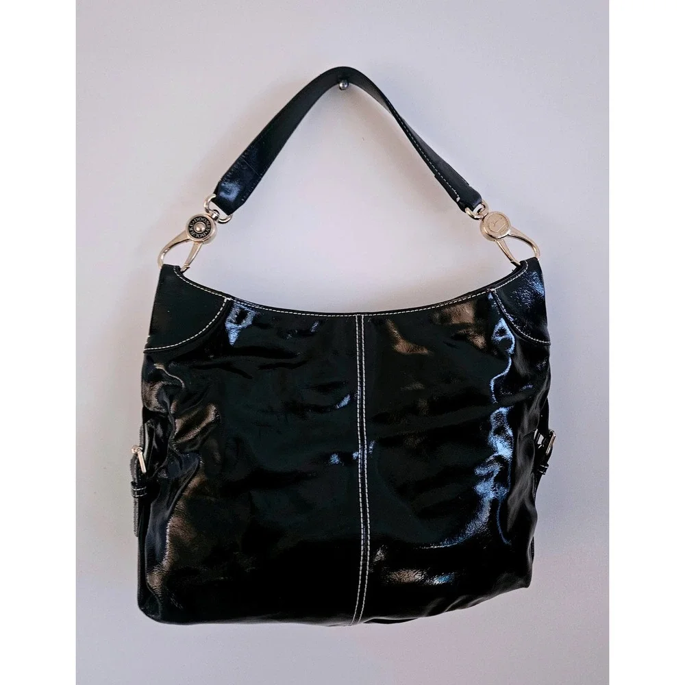 Dooney‎ & Bourke Luisa Black Patent Leather Hobo Bag White Stitching Gingham EUC